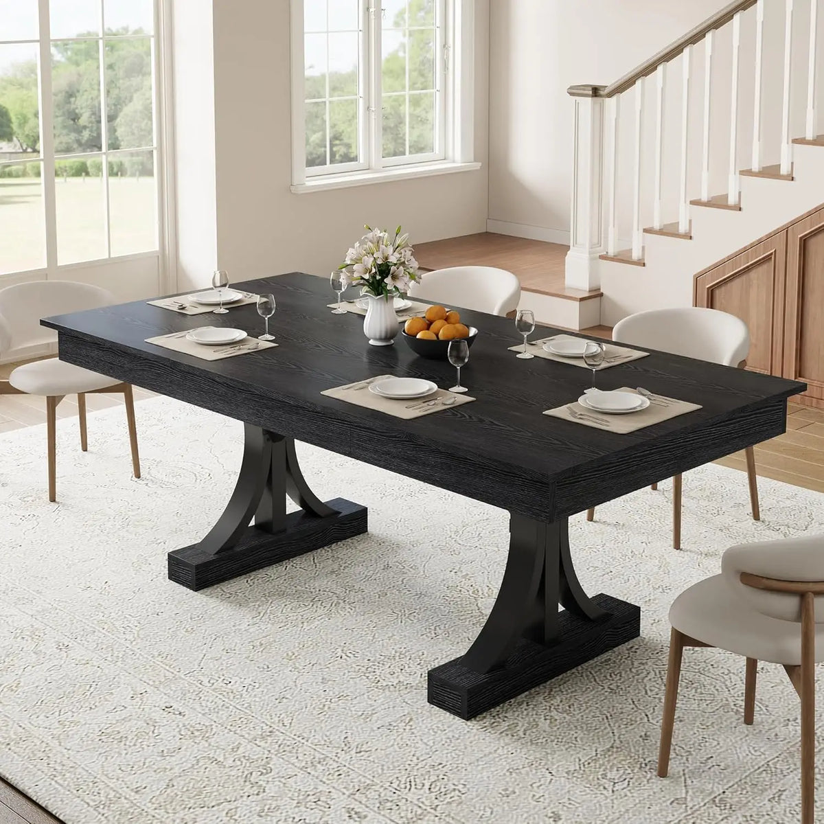 Industrial Double Pedestal Base Rectangular Wooden Table