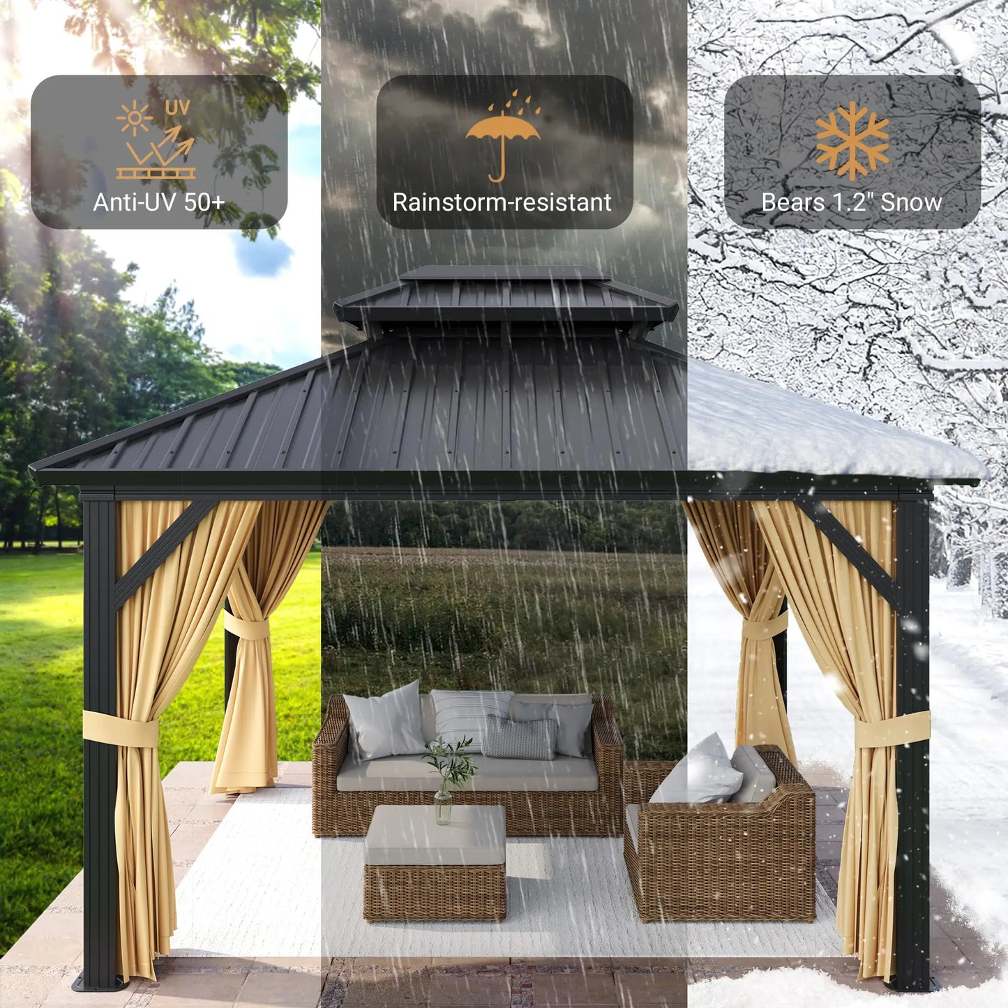 Heavy Duty Hardtop Gazebo Aluminum Permanent Pavilion With Double Steel Roof Netting & Curtains