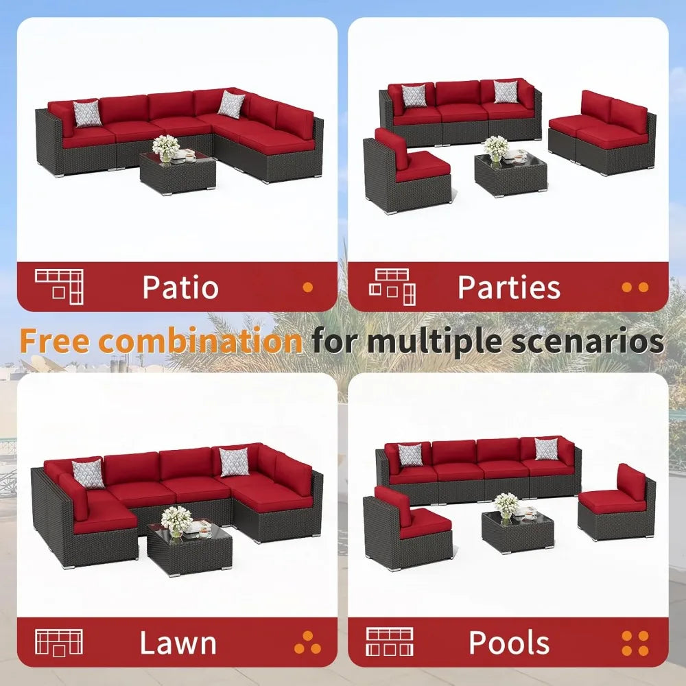 7-Piece Patio Furniture Sofa Set Rattan Wicker Sectional Conversation Sets with Glass Top Table and Cushions