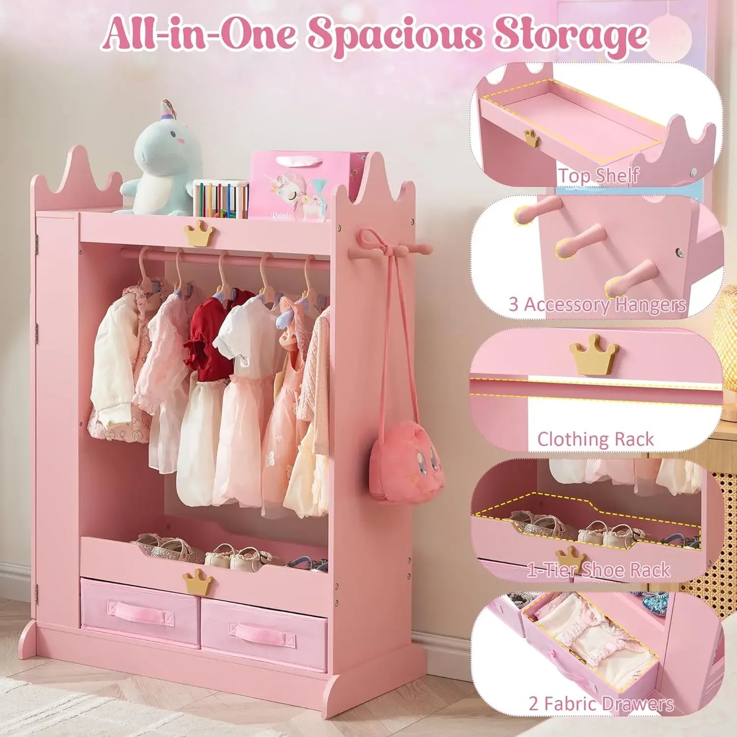 Princess Wardrobe Closet with Dual Mirrors, Hidden Jewelry Cabinet, Shelves & Hanging Rack