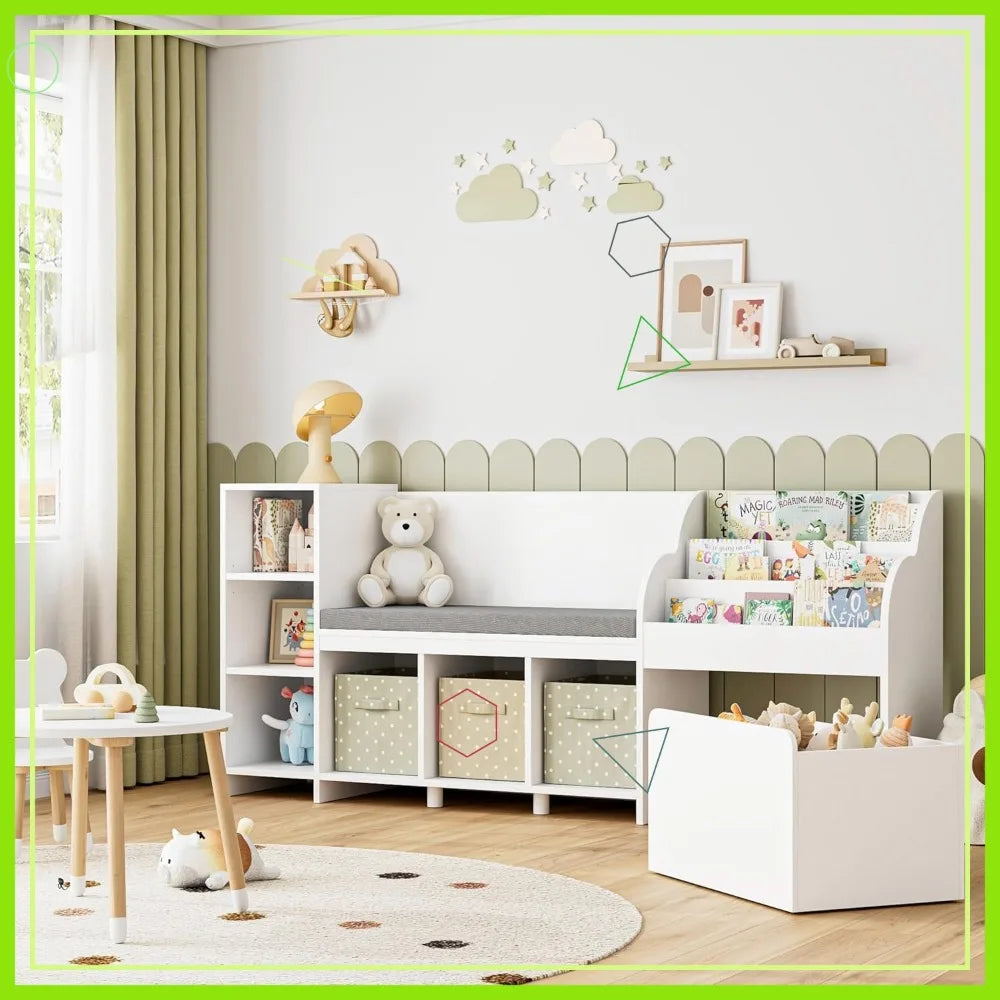 Reading Nook with Bench, Bookshelf and Storage Box on Wheels