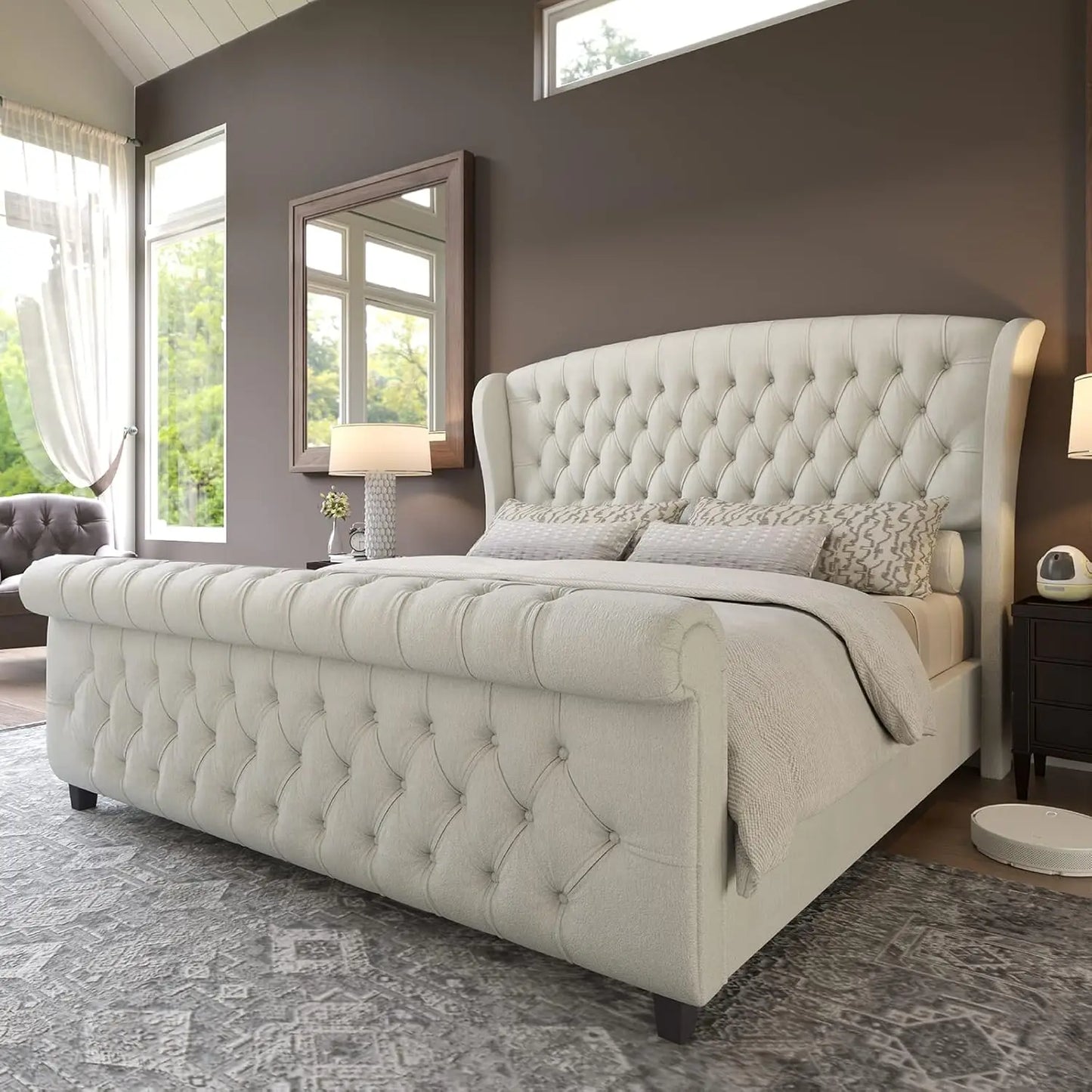 Upholstered Sleigh Bed with Scroll Wingback Headboard & Footboard/Button