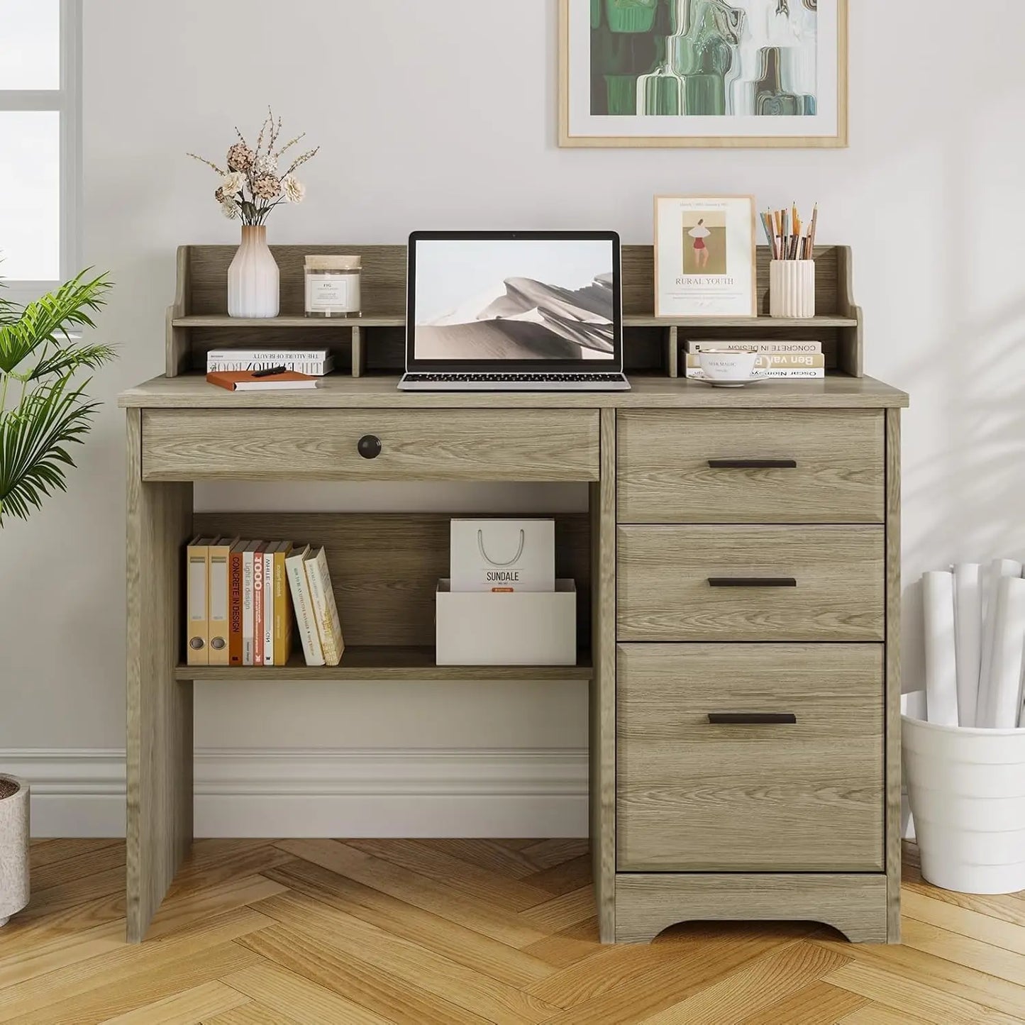 Computer Desk with File Cabinet & Monitor Stand