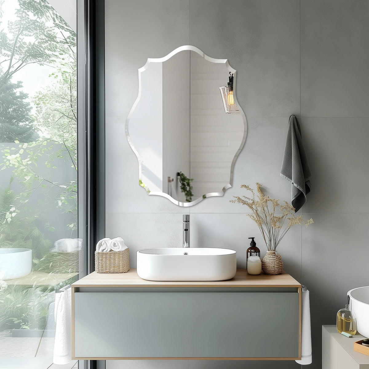 Wall Mirror Scalloped Frameless Beveled Edge Polished Mirror