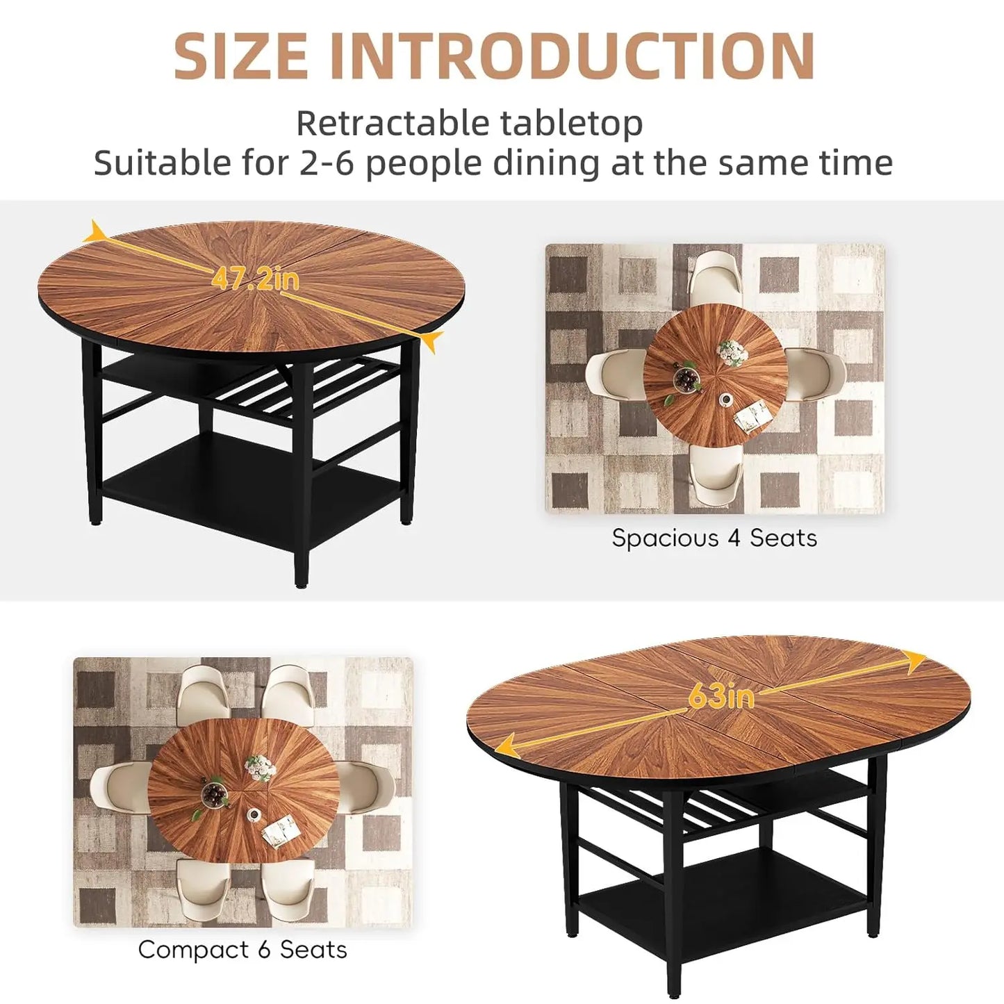 Extendable Round Dining Table with Wine Rack Storage Shelf