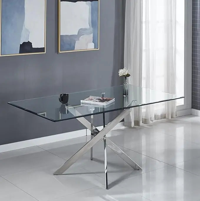 Modern Rectangular Tempered Glass Dining Table