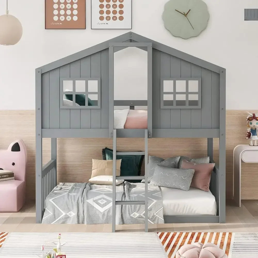 Twin Over Twin Bunk Bed with Ladder, Storage, and Windows