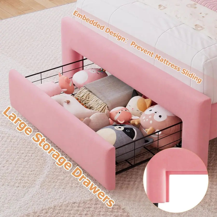 Upholstered LED Bed Frame with Storage Drawer