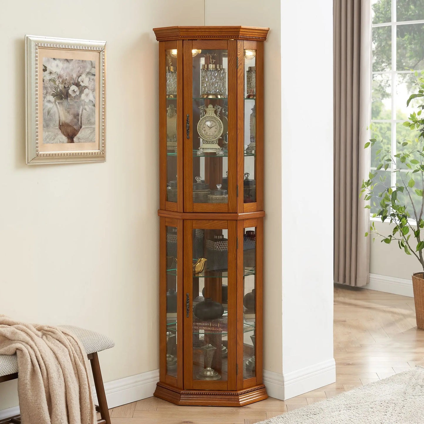 Adjustable Tempered Glass Shelves Corner Curio Cabinet with Mirrored Back E26 Light Bulb Not Included-Display & China Cabinets