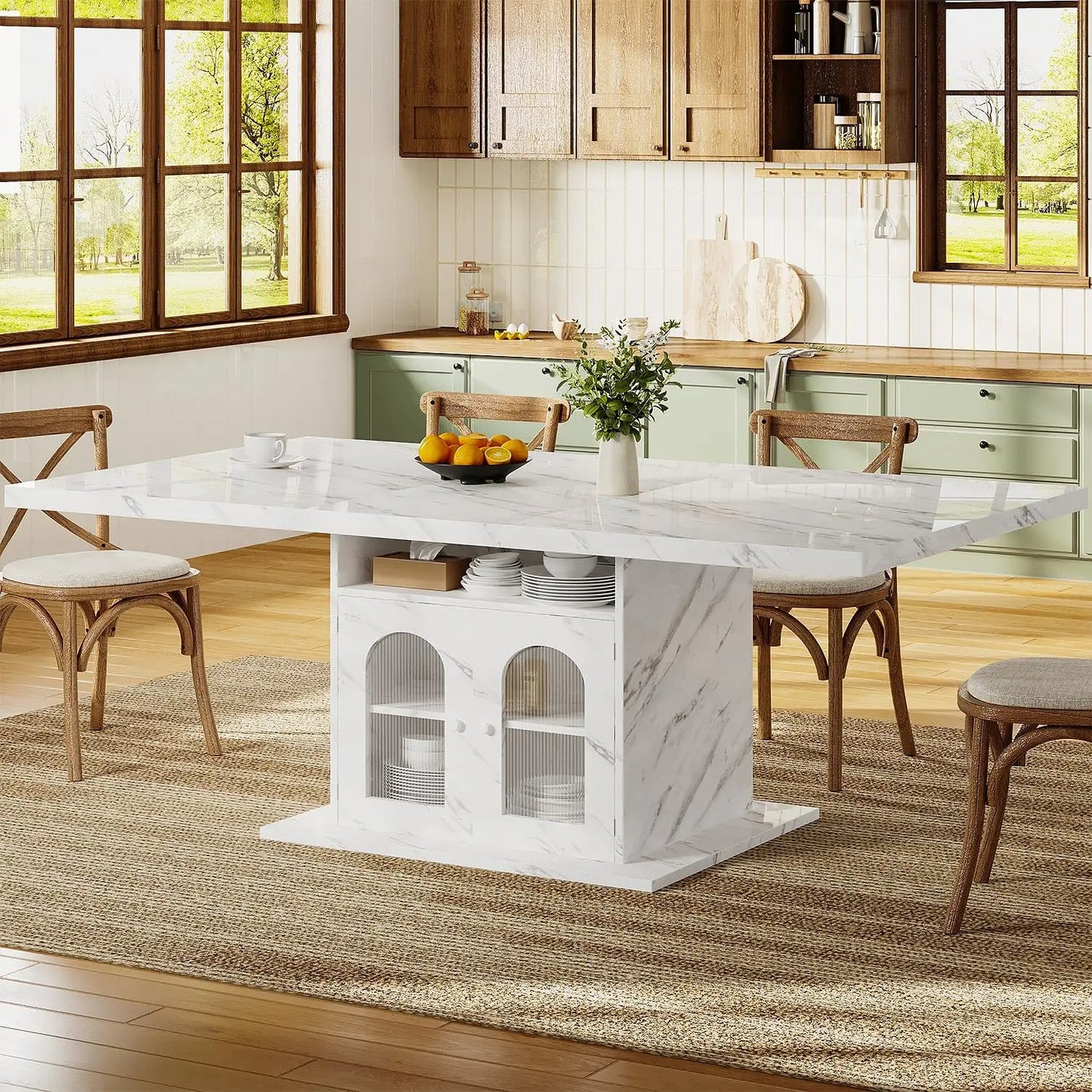 Rectangle Dining Table with Faux Marble Top Storage Shelves Cabinet