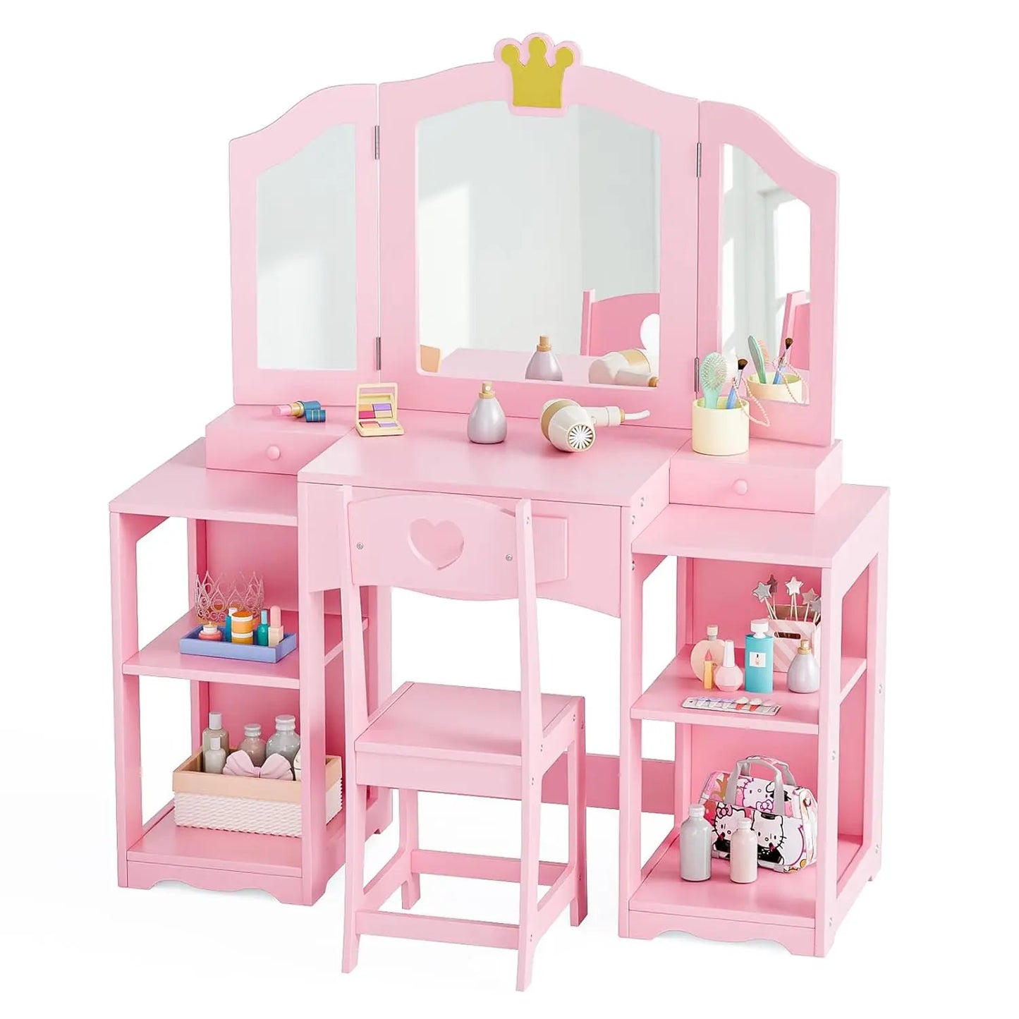 Extra-Wide Tri-Fold Mirror Vanity Table & Chair Set