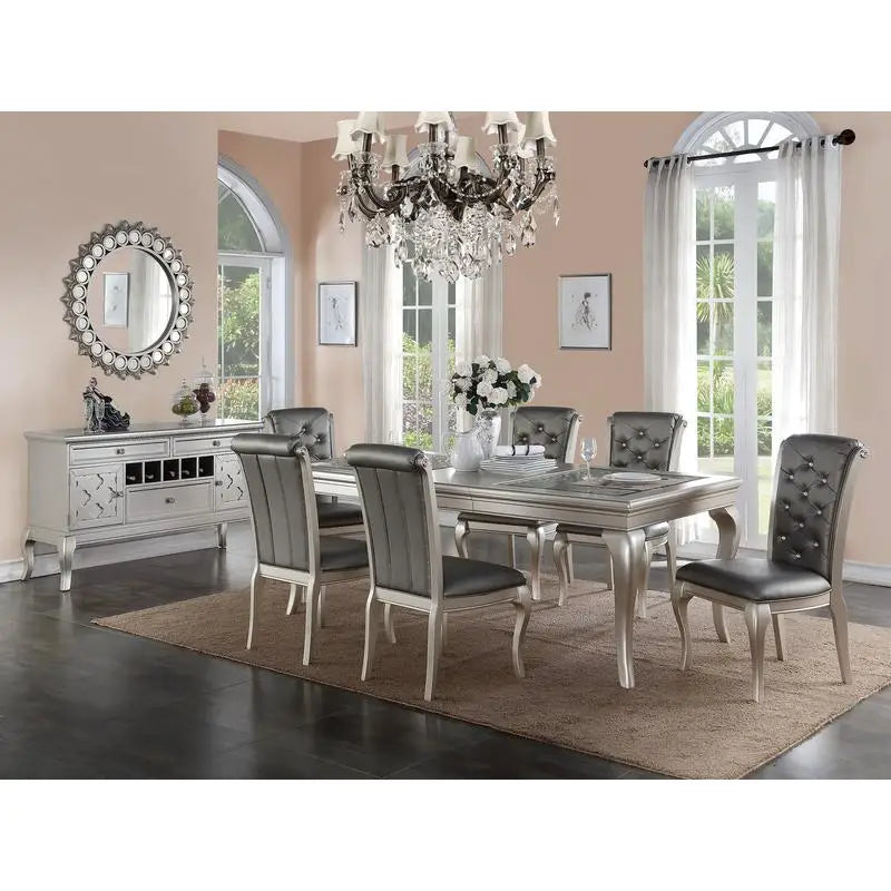 Rect. Glass Dining Table Set w/ Silver Hue & 6 Tufted Side Chairs
