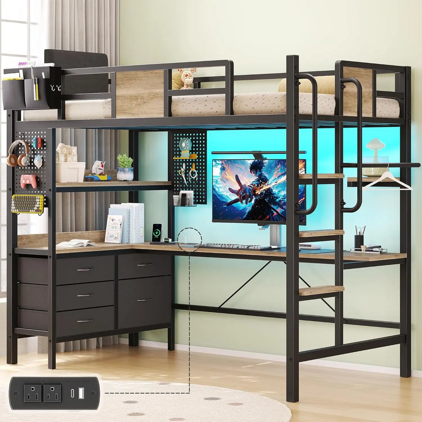 Loft Bed with Desk & RGB LED Lights and Charging Station