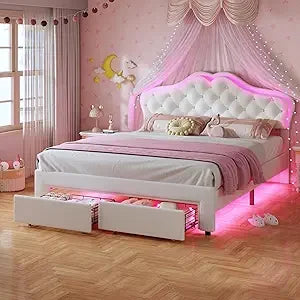 Twin Size Girl Bed with Storage Drawer & LED Lights