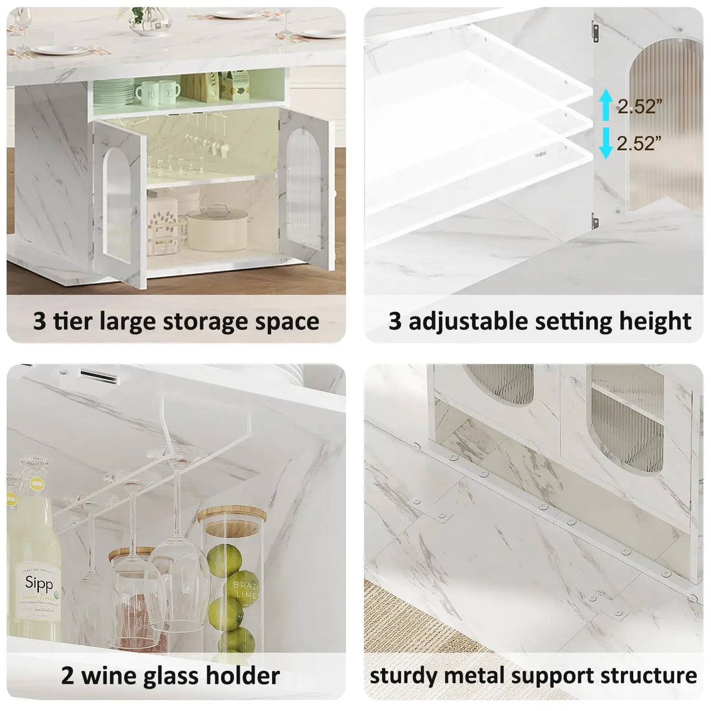 Rectangle Dining Table with Faux Marble Top Storage Shelves Cabinet