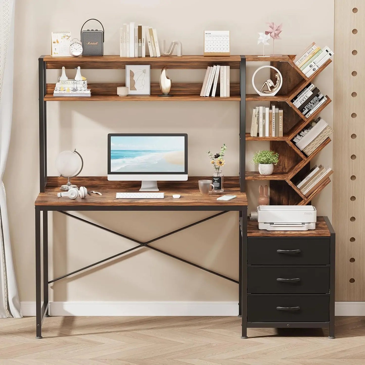 Reversible Computer Desk with Hutch Drawers Bookshelf Storage