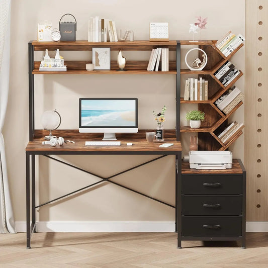 Reversible Computer Desk with Hutch Drawers Bookshelf Storage
