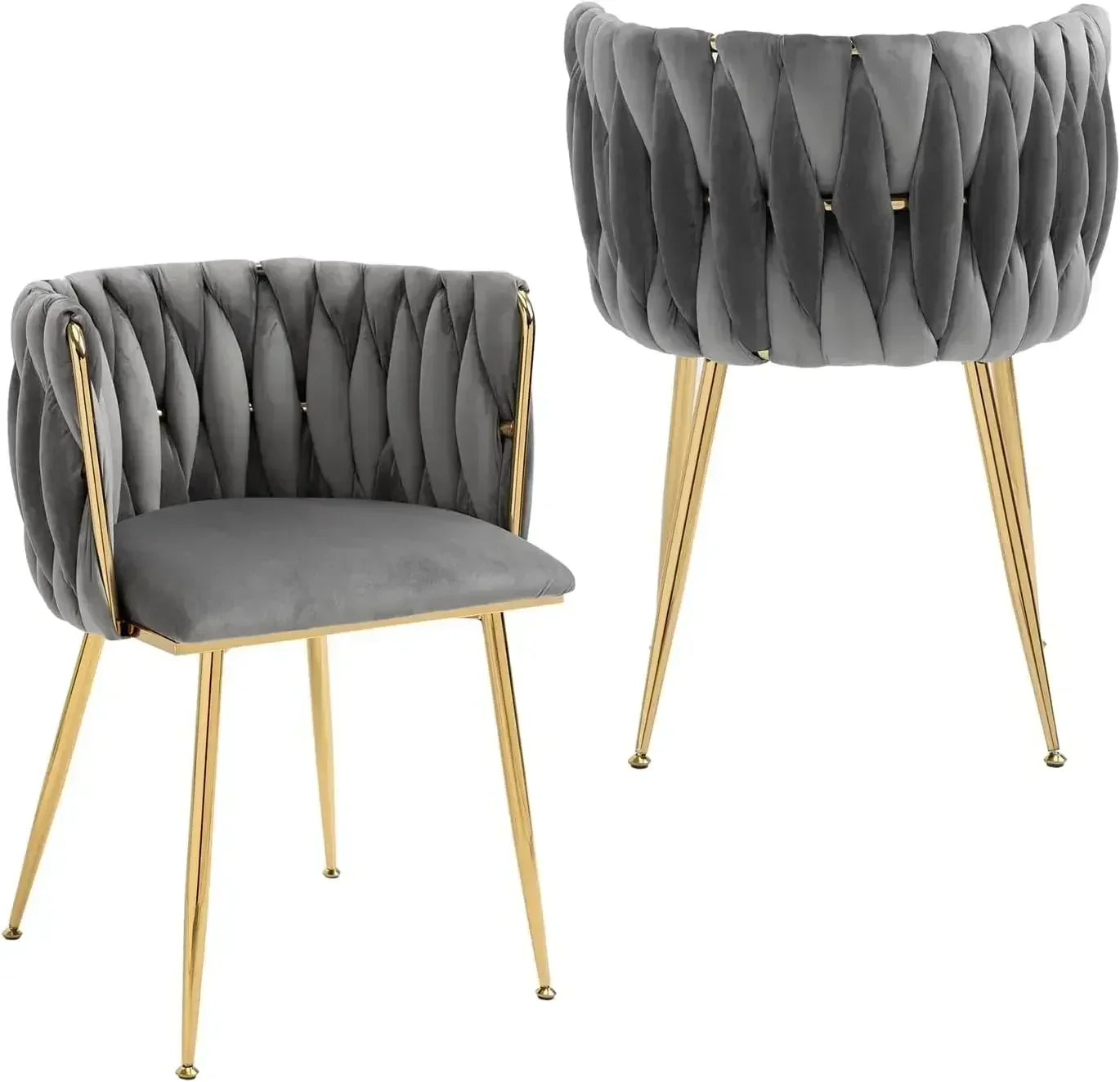 Woven Velvet Upholstered Dining Chairs Set with Gold Metal Legs