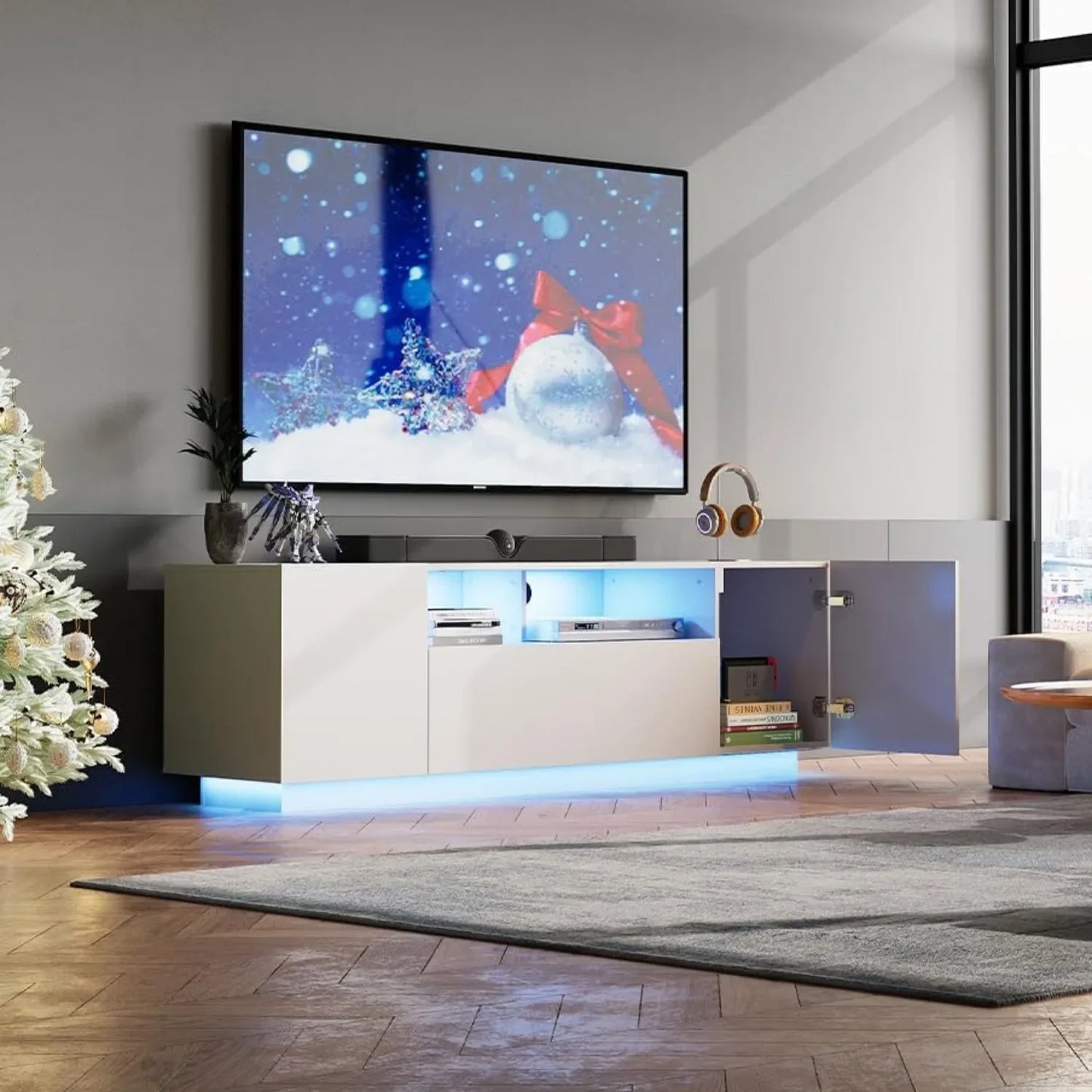 Modern Entertainment Center TV Stand with LED Lights & Large Storage Cabinet