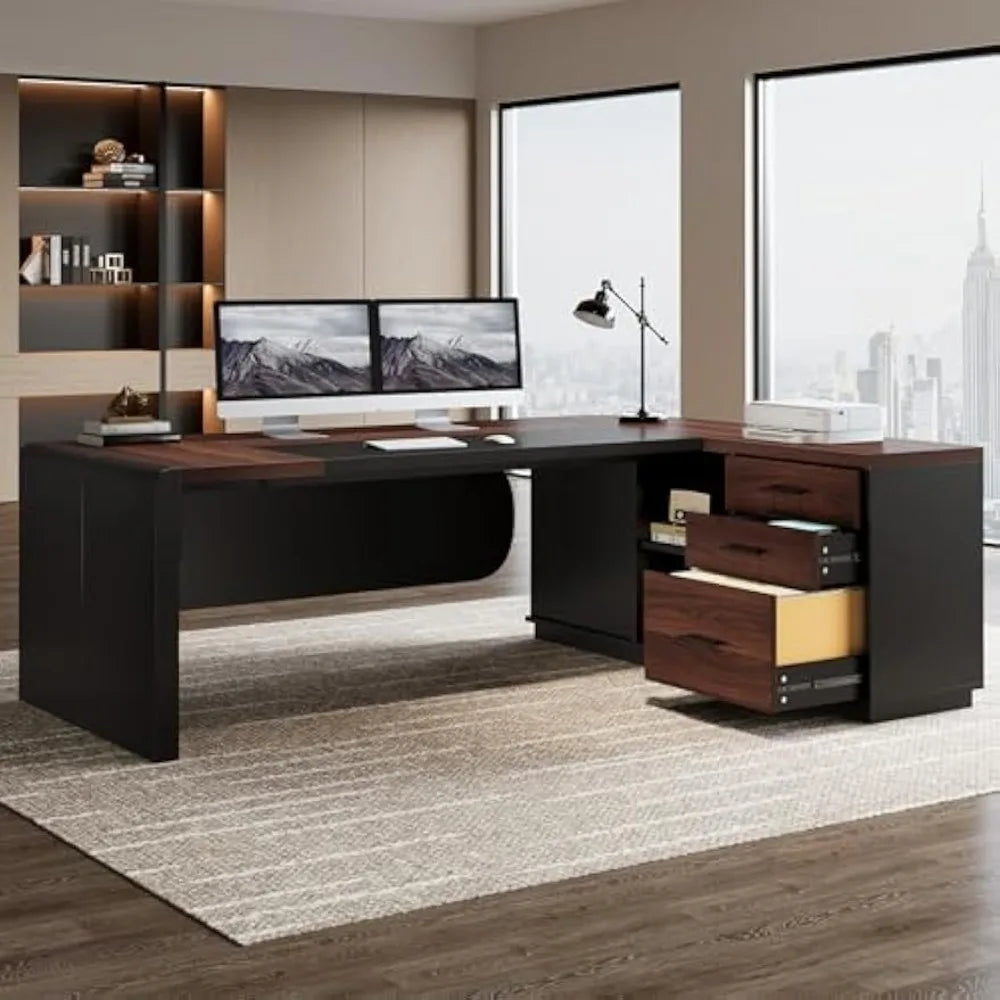 L-Shaped Executive Desk with Cabinet and Storage Shelves