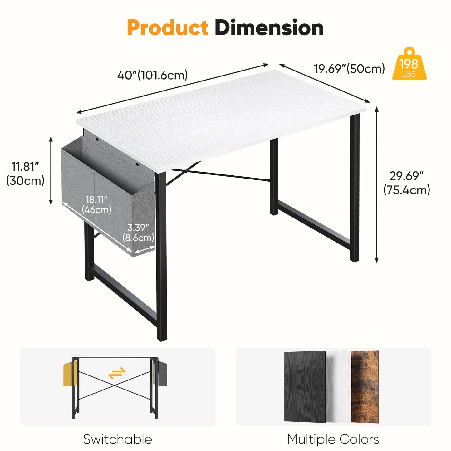 Writing Study Table with Storage Bag Metal Frame