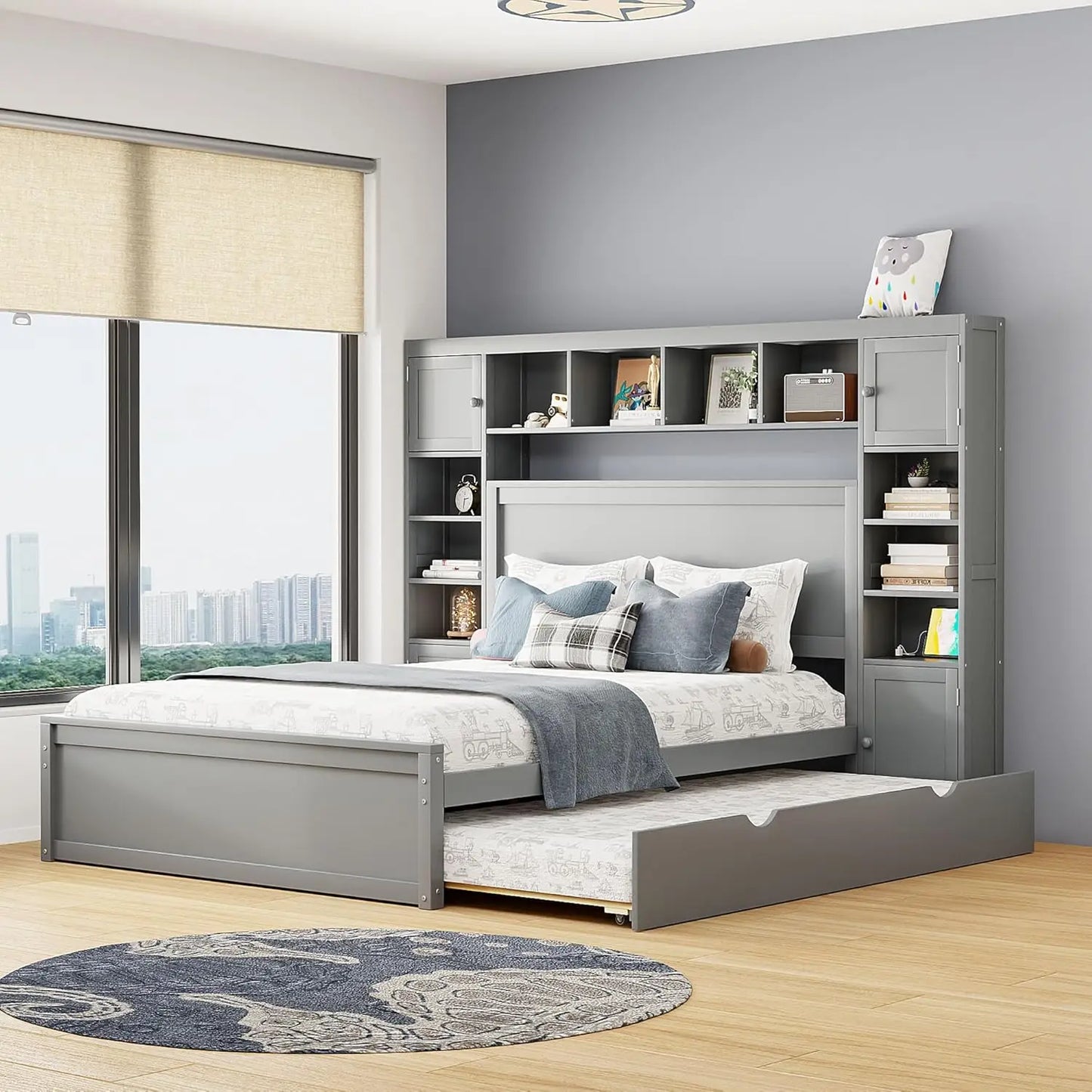 Storage Bed with Bookcase Headboard Platform Bed