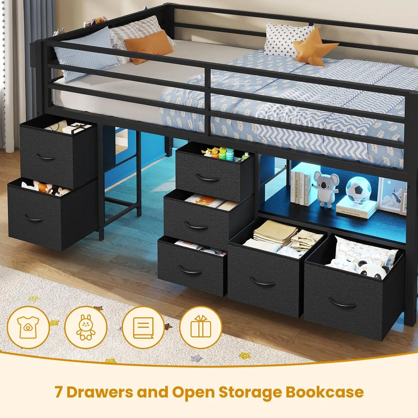 Metal Low Loft Bed Twin Size with Bookcase and LED Lights