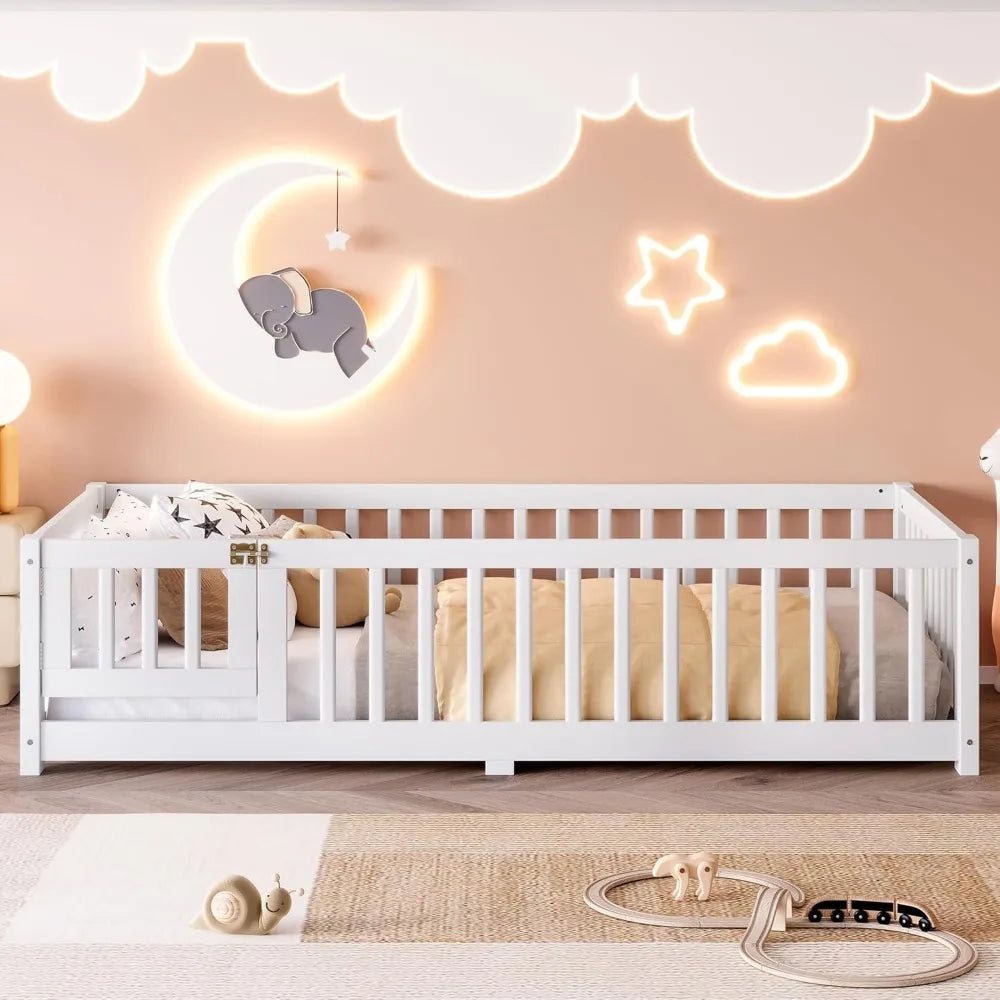 Twin Size Floor Bed with Door and Fence