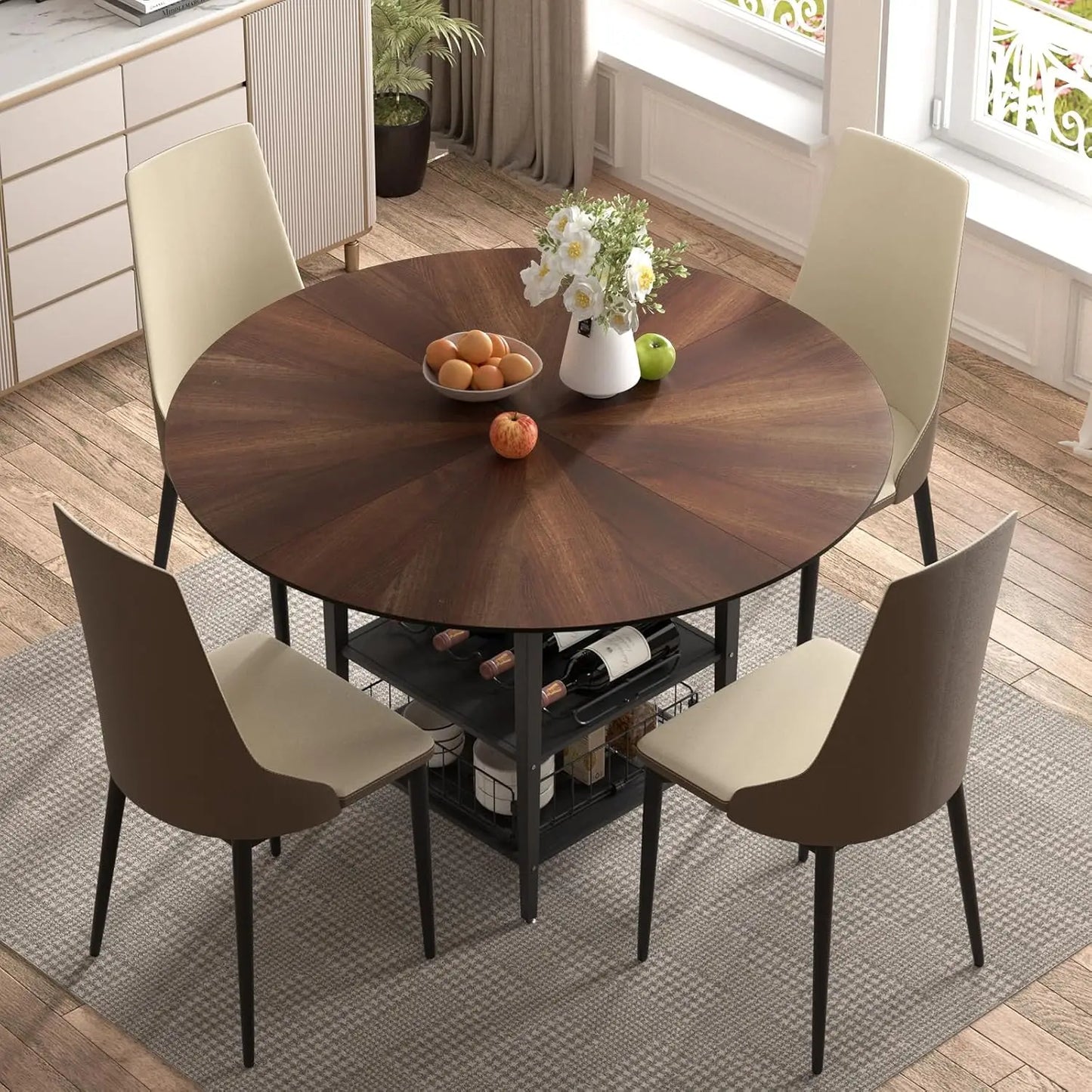 Extendable Round Dining Table with Wine Rack Storage Shelf