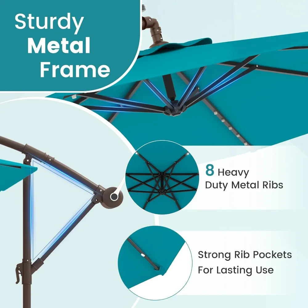 Offset Patio Umbrella with Base Included and Solar LED Lights