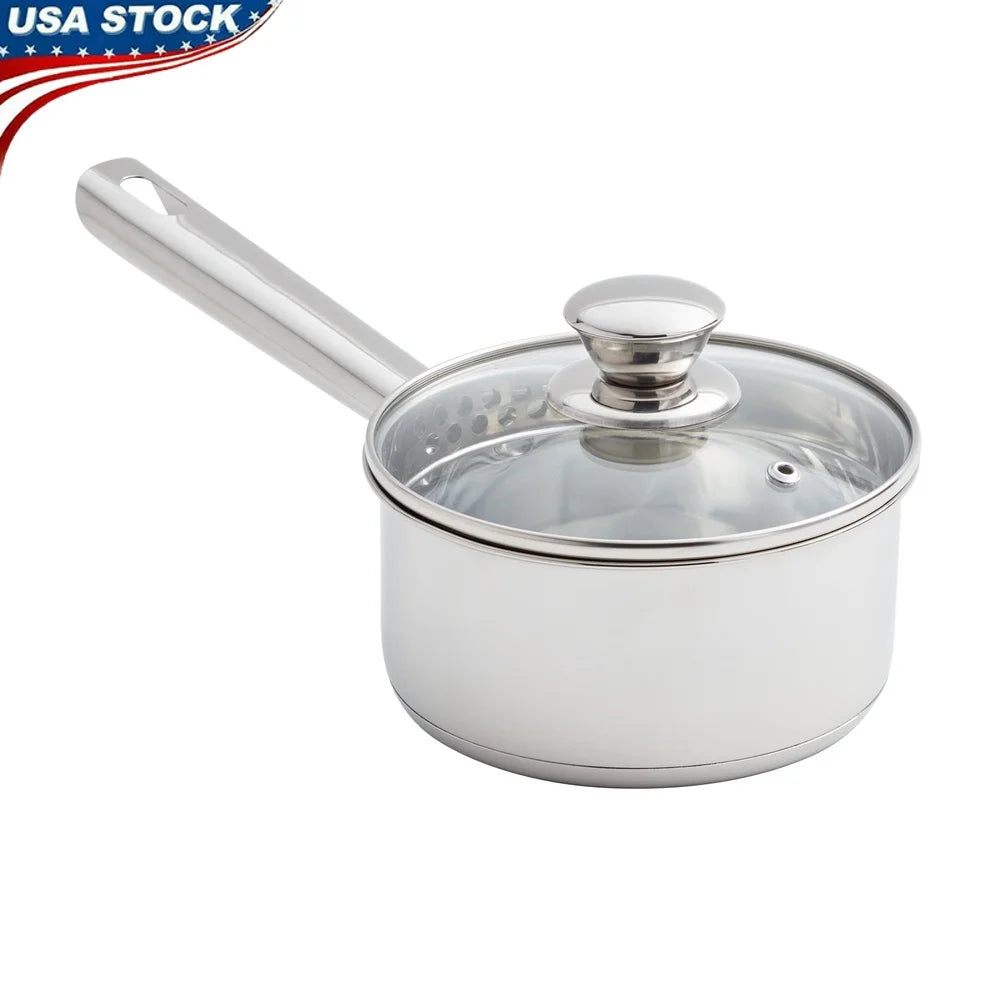 Oven Safe Stainless Steel Saucepan with Straining Lid 1qt Dishwasher Safe