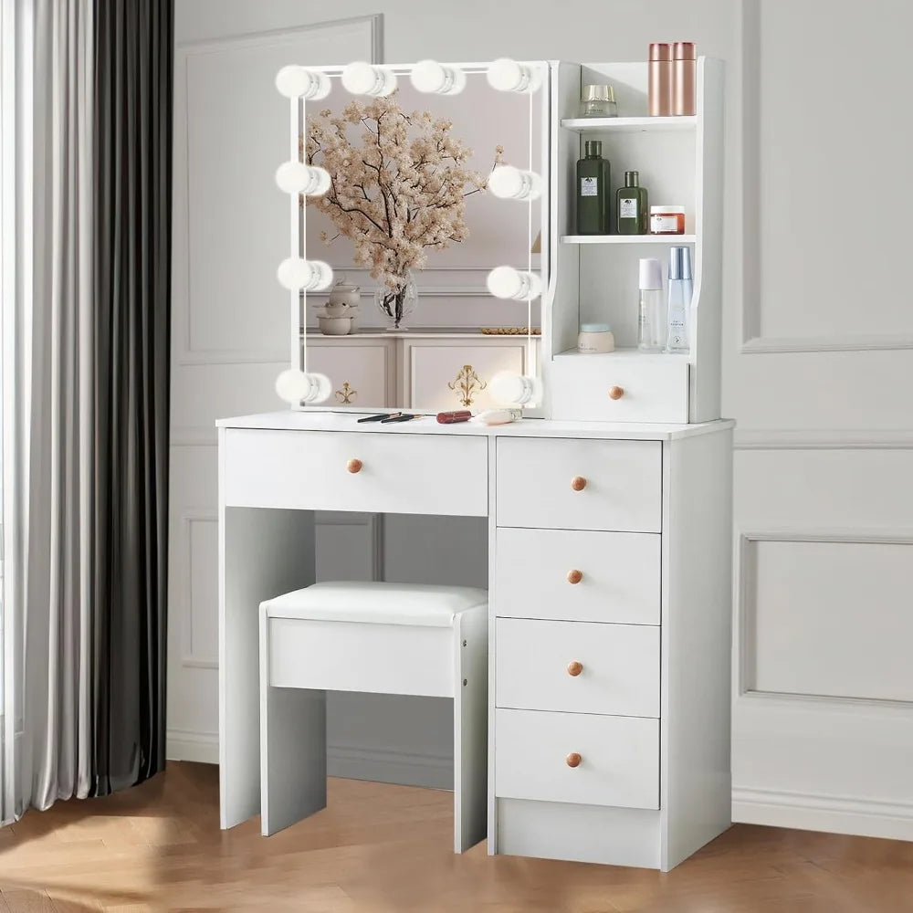 Makeup Vanity Table with LED Lights, Cabinet & Stool