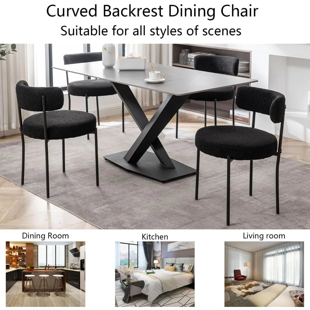 Upholstered Round Modern Buckle Dining Chairs with Black Metal Legs Set