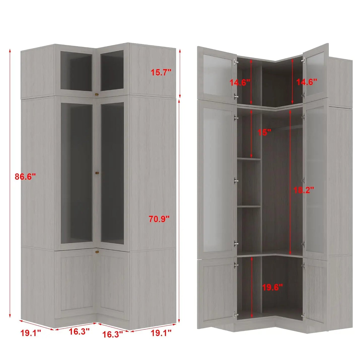 L-Shape Wooden Wardrobe with Frosted Glass Doors