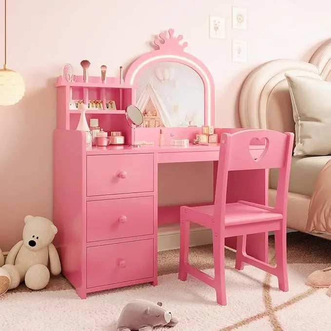 Kids Vanity with Lights, 2 in 1 Princess Makeup Vanity Desk & Chair Set