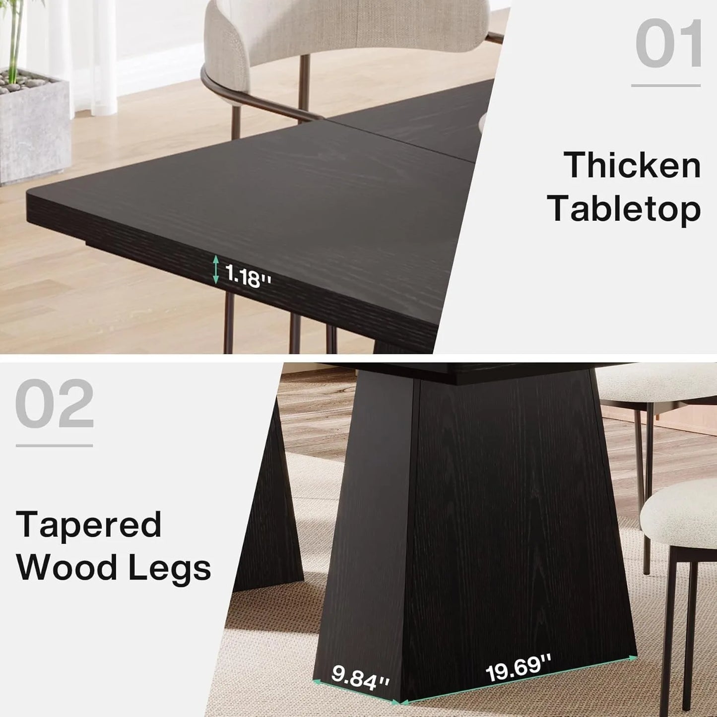 Black Dining Table with Tapered Wood Legs and Tabletop