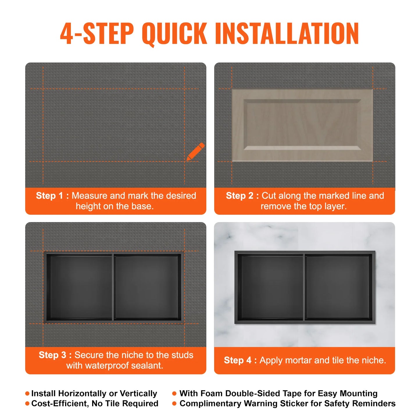 Stainless Steel Wall Inserted Niche Recessed Double Shelves