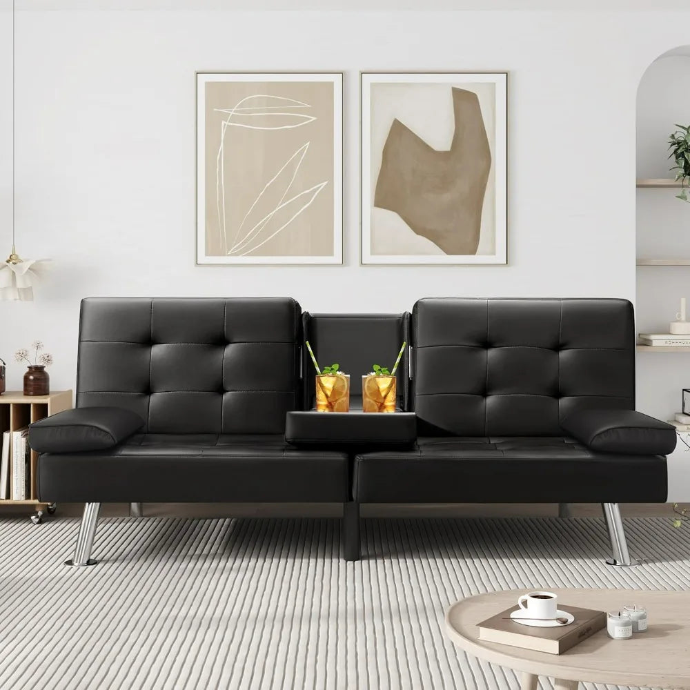 Modern Faux Leather Futon Sofa with Armrest