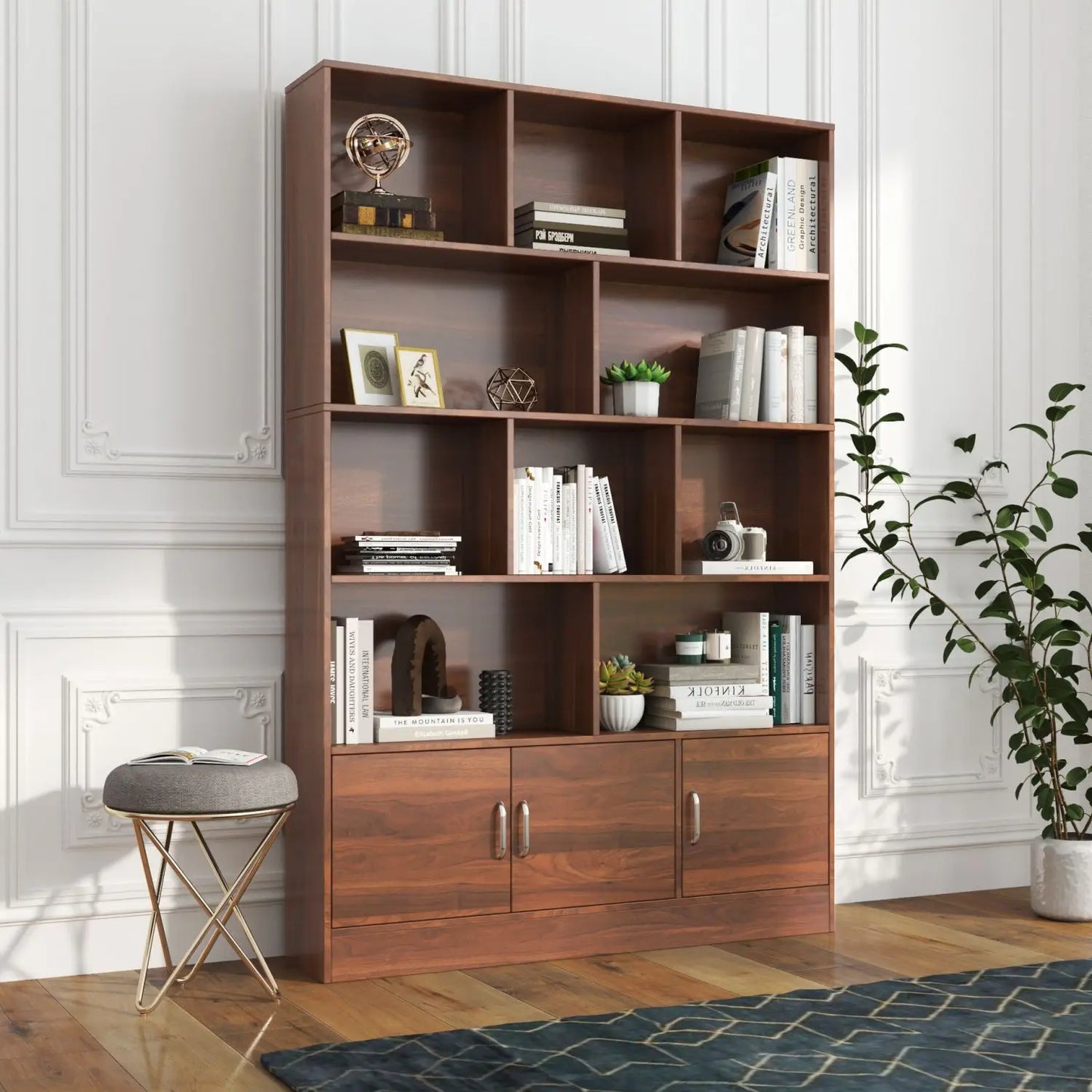 10-Cube 3-Door Modern Bookshelf Open Cabinet