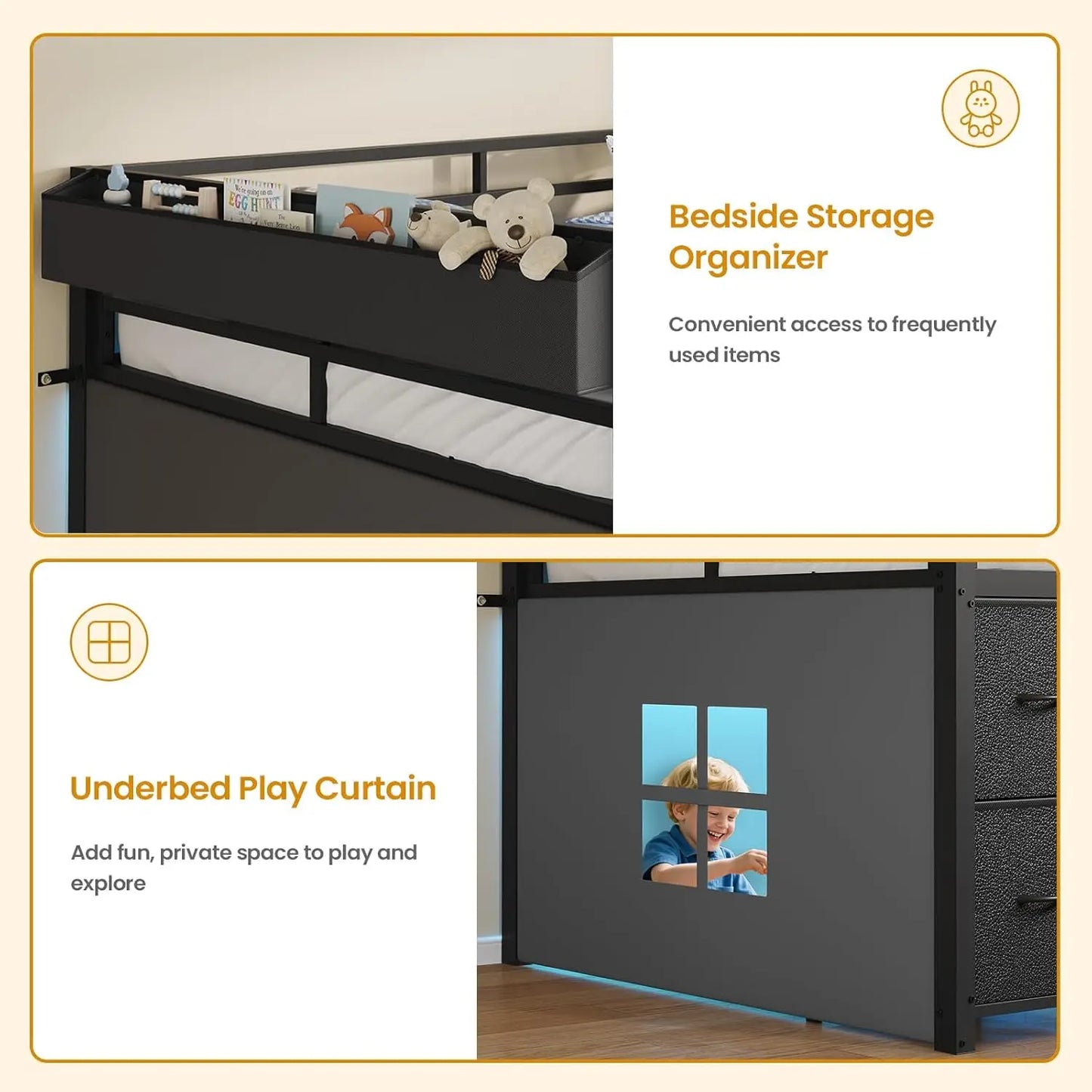 Metal Low Loft Bed Twin Size with Bookcase and LED Lights