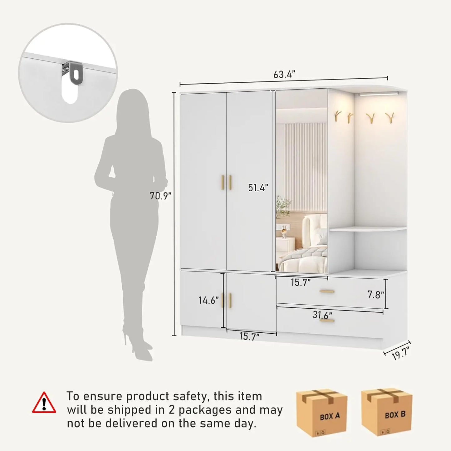 Modern Wooden Armoire Wardrobe with Mirror Sensor Light