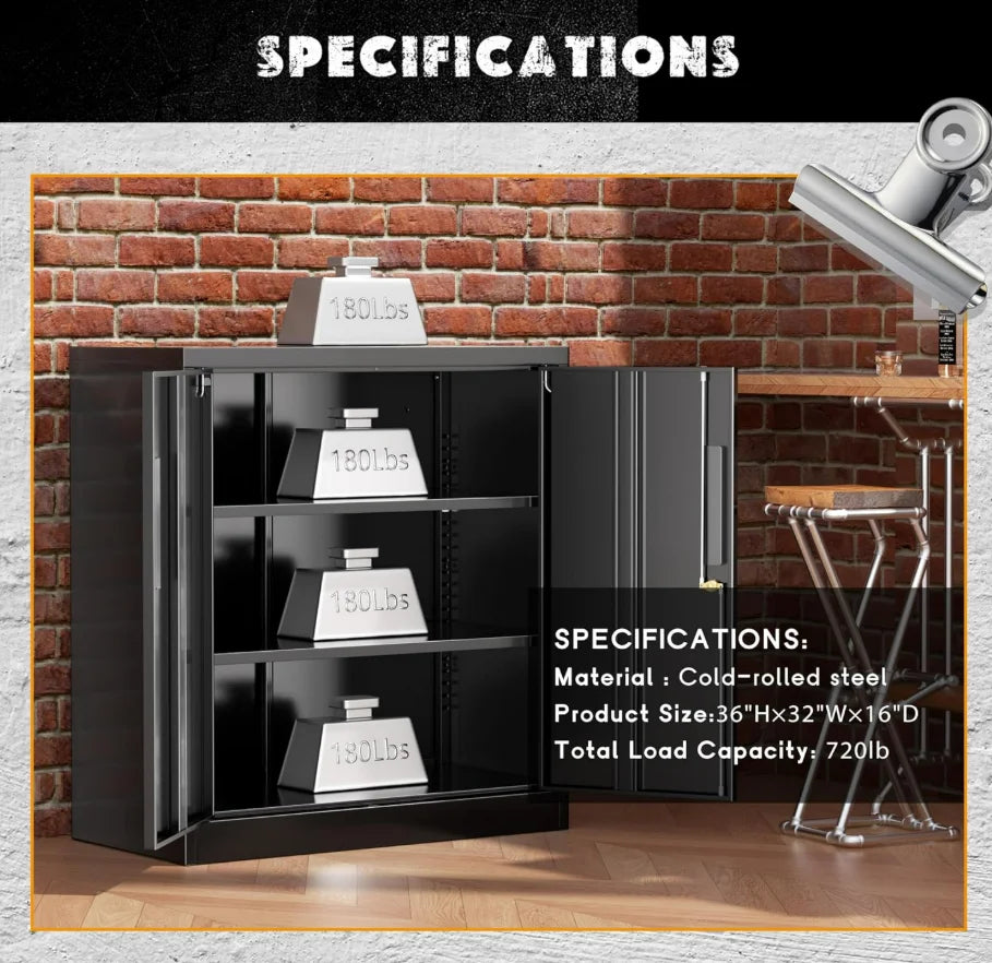Lockable Rolling Metal Garage Cabinets with 2 Doors and 4 Adjustable Shelves and Wheels