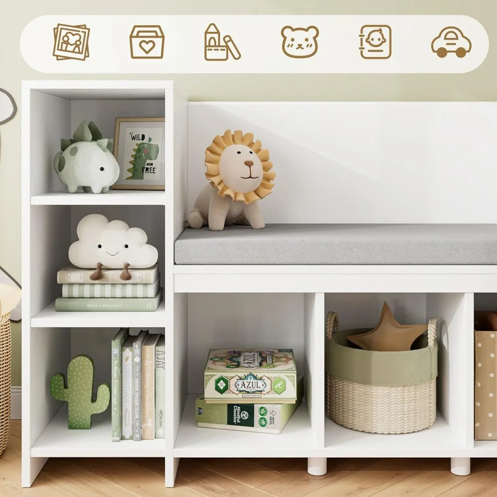 Reading Nook with Bench, Bookshelf and Storage Box on Wheels