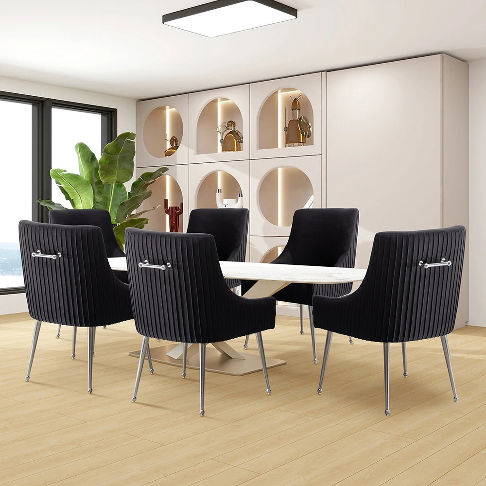 Modern Velvet Pleated Finish Back Dining Chair with Rear Handle