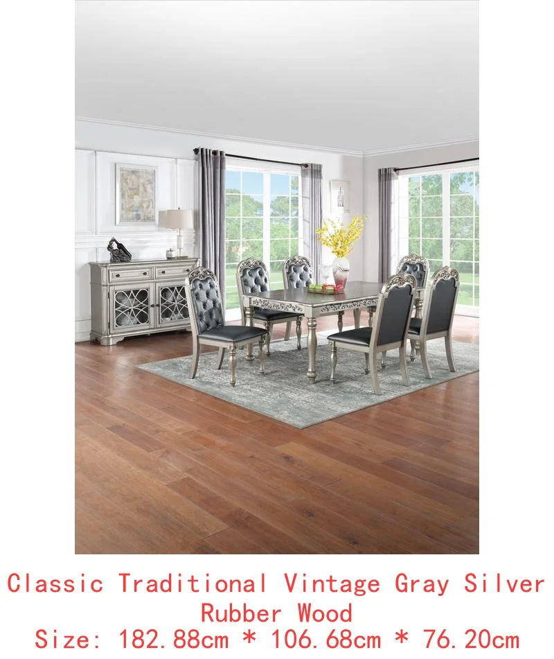 Formal 1pc Dining Table with 2 Leaves, Silver Grey Finish, Antique Design