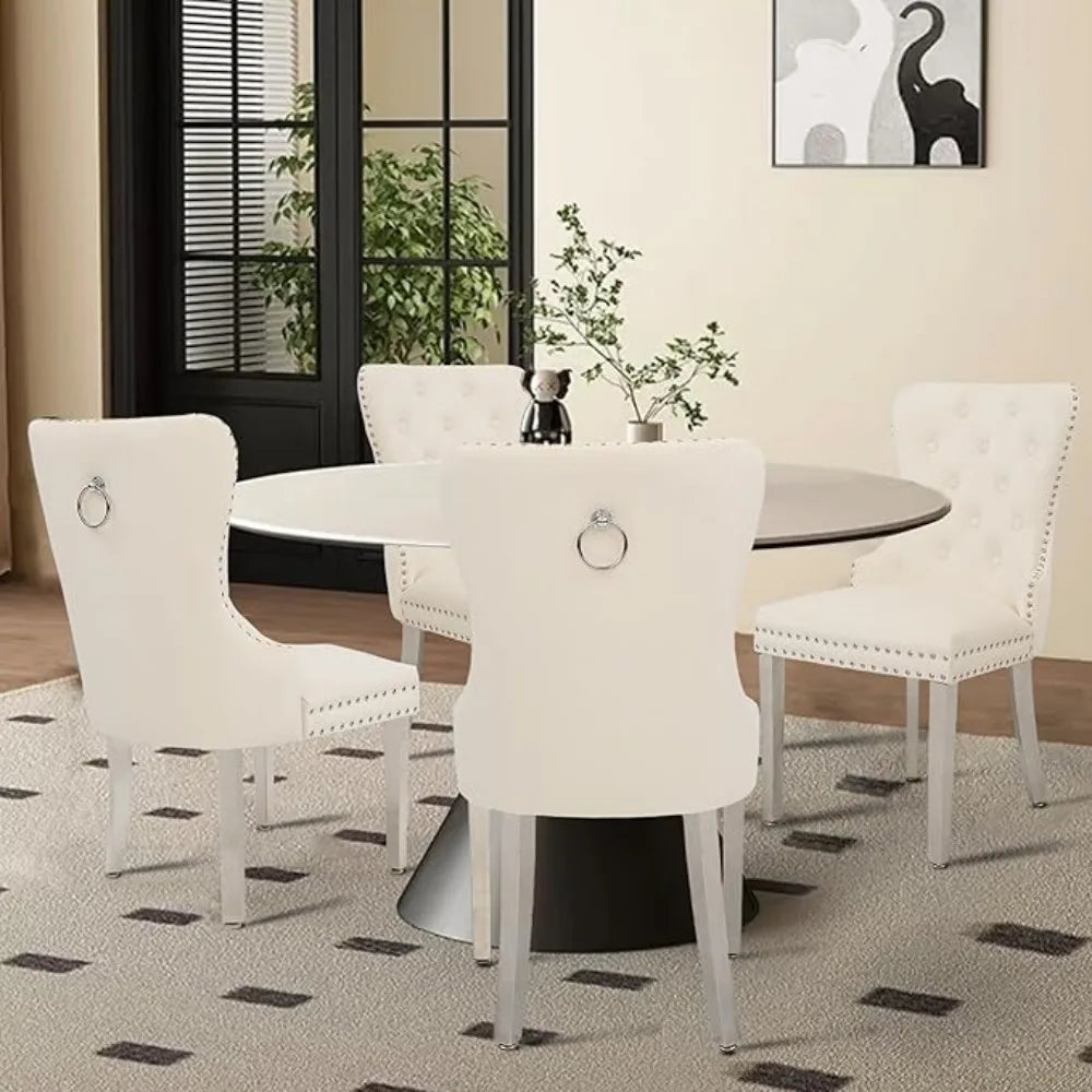 Tufted Upholstered Velvet Dining Chairs with Pull Ring and Stainless Steel Legs