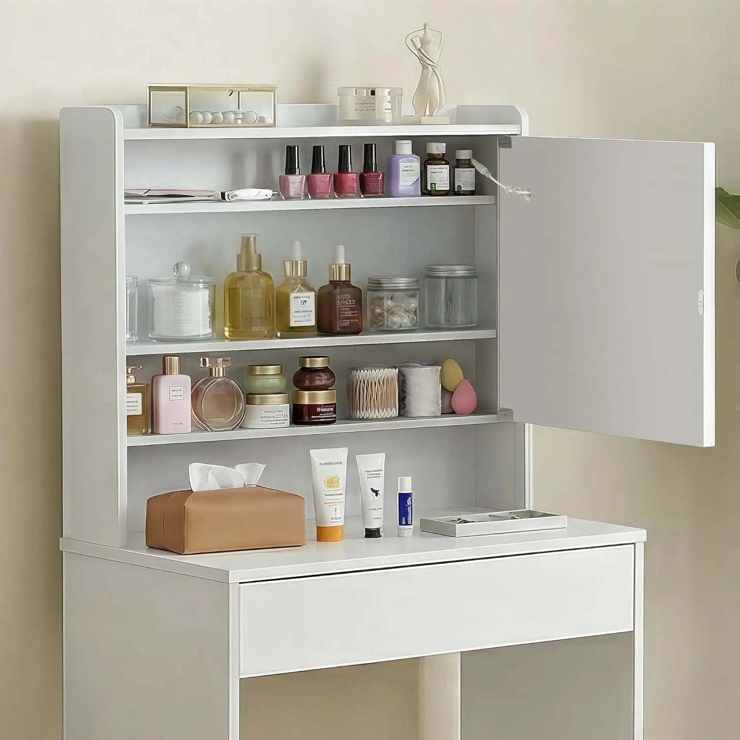 Vanity Desk Lighted Mirror with Charging Station and Storage Shelf