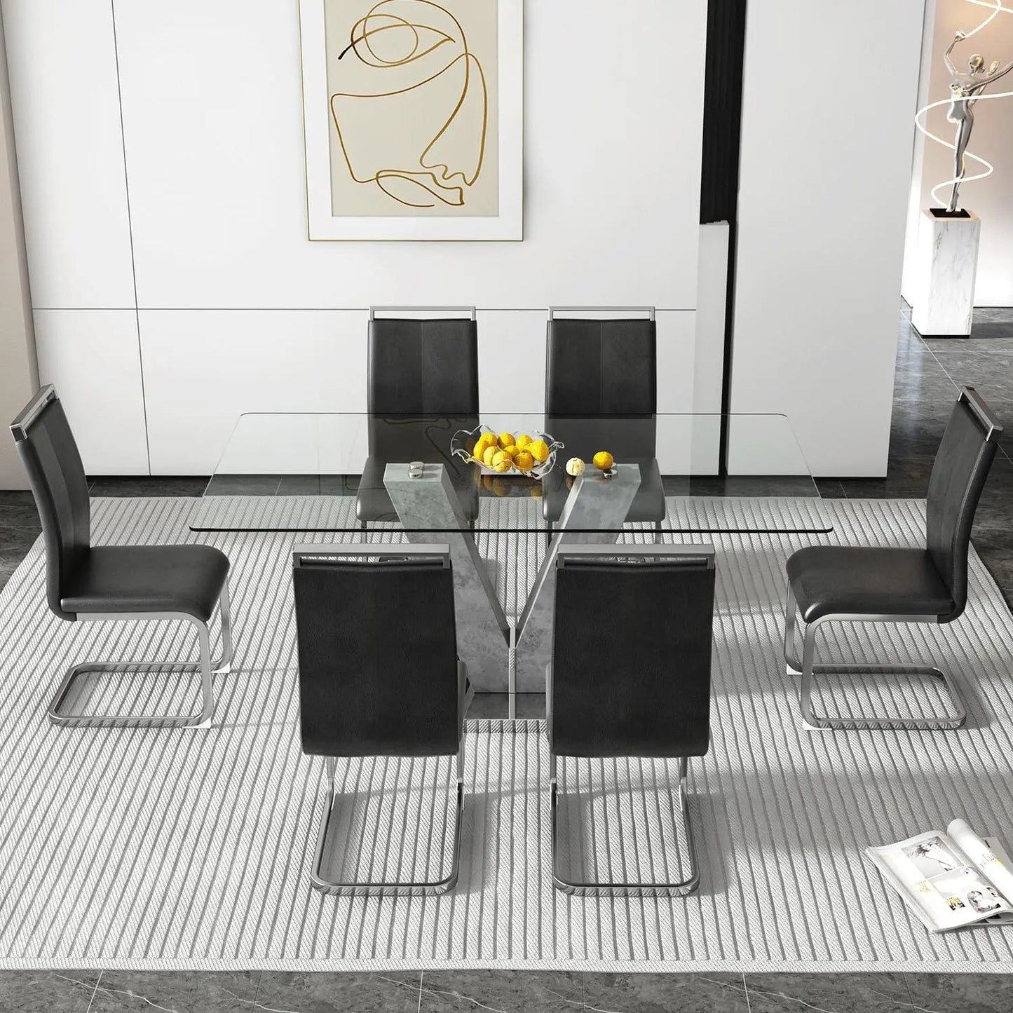 Glass Dining Room Table Set with 6 PU Leather Dining Chairs
