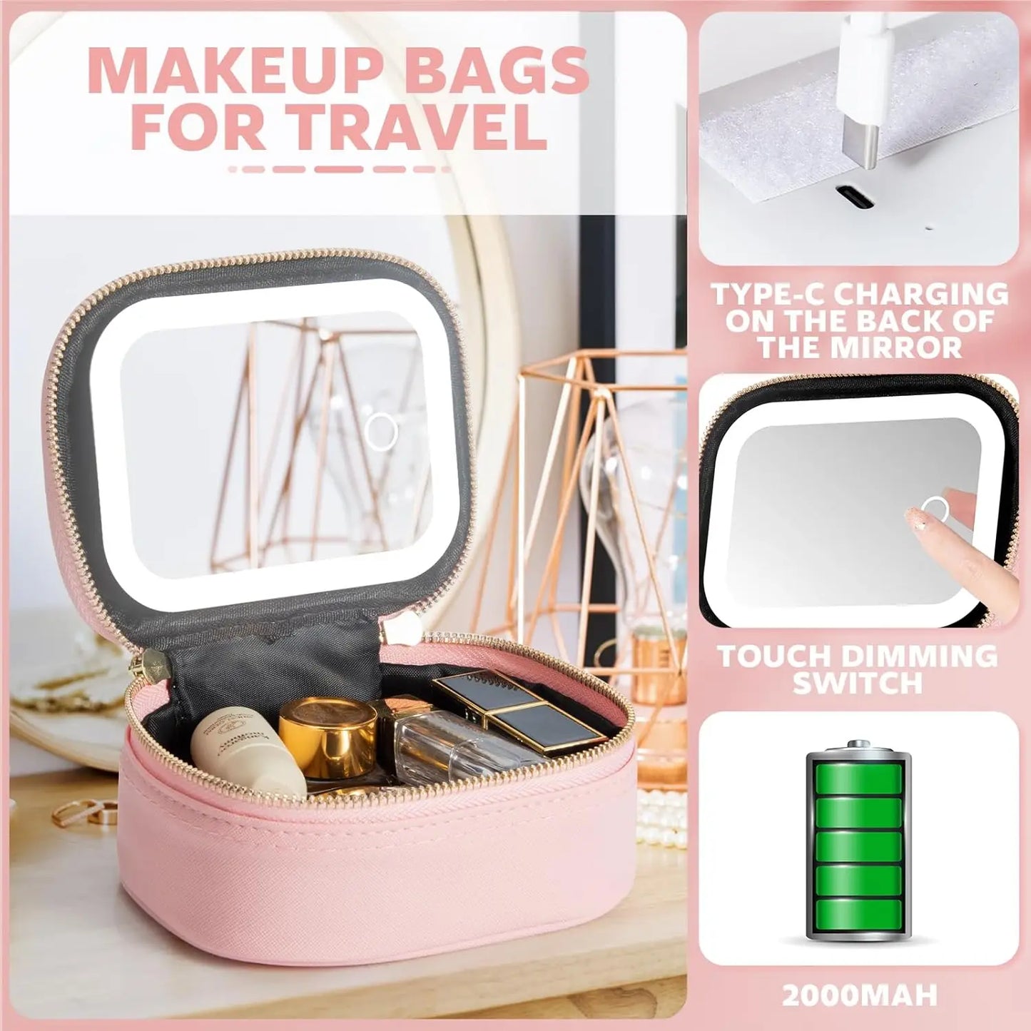 Small Travel Cosmetic  LED Mirror Bag with 3 Light Modes