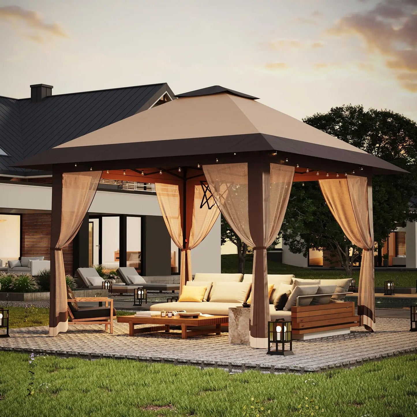 Pop-Up Gazebo Canopy with Mosquito Netting, One-Push Setup and Height Adjustable